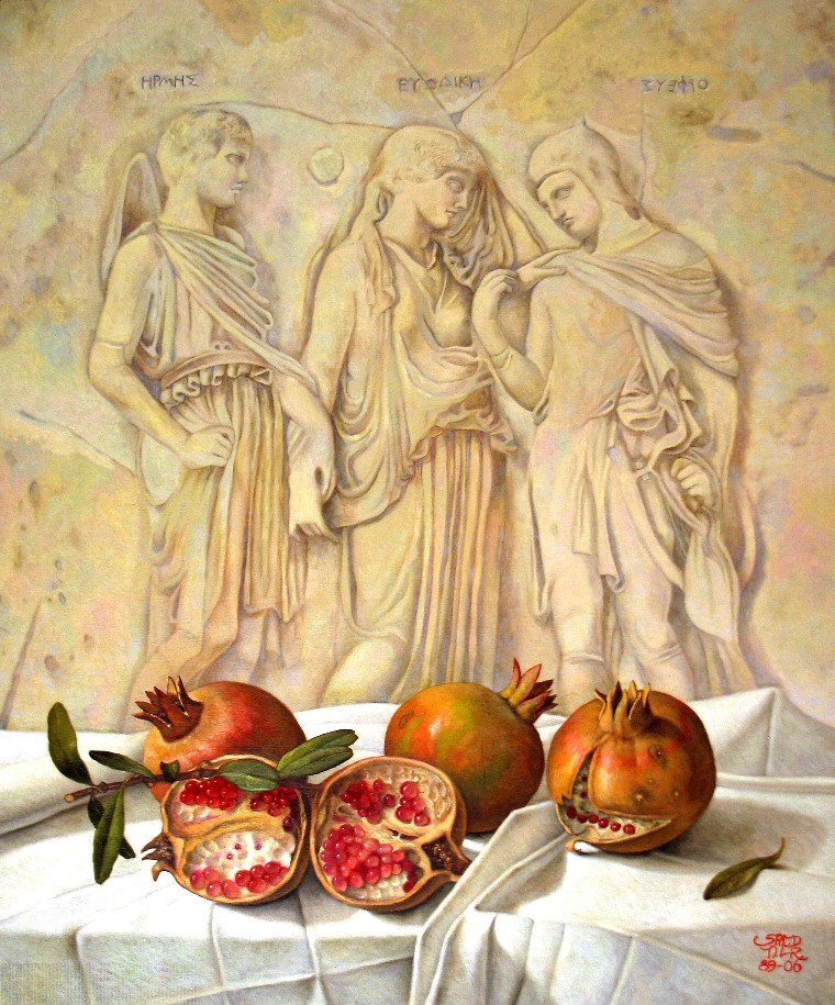 orpheus, orfeo, euridike, euridice, hermes, relief, altorilievo, granatapfel, melograni