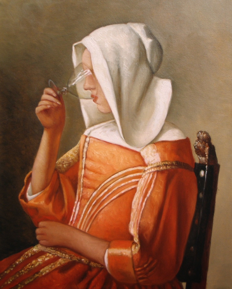 ragazza ubriacha, weinglas, vermeer, haube